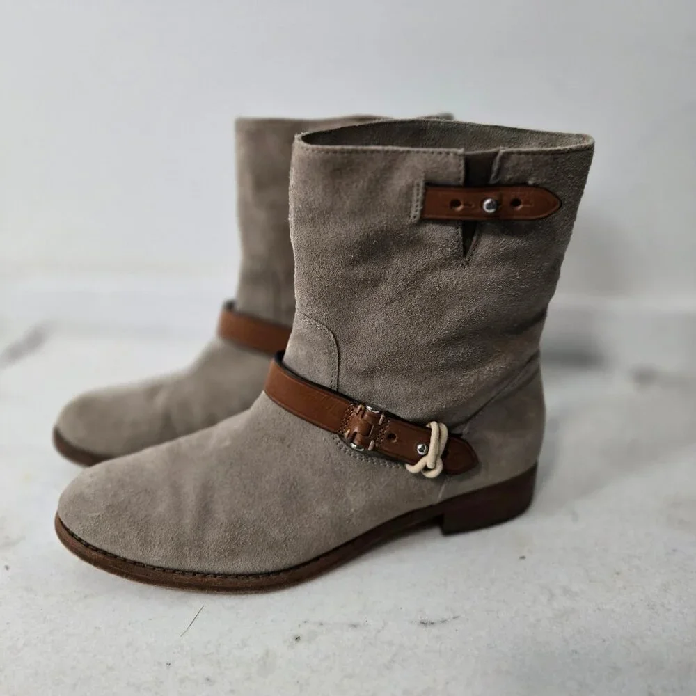 COACH Size 7.5 Amy Leather Taupe Low Stacked Heel Western Moto Boots Women's